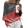 Spring Autumn Women Color Block Off Shoulder Loose Long Sleeve T-Shirt Top