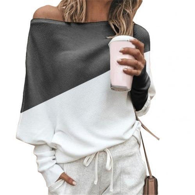 Spring Autumn Women Color Block Off Shoulder Loose Long Sleeve T-Shirt Top